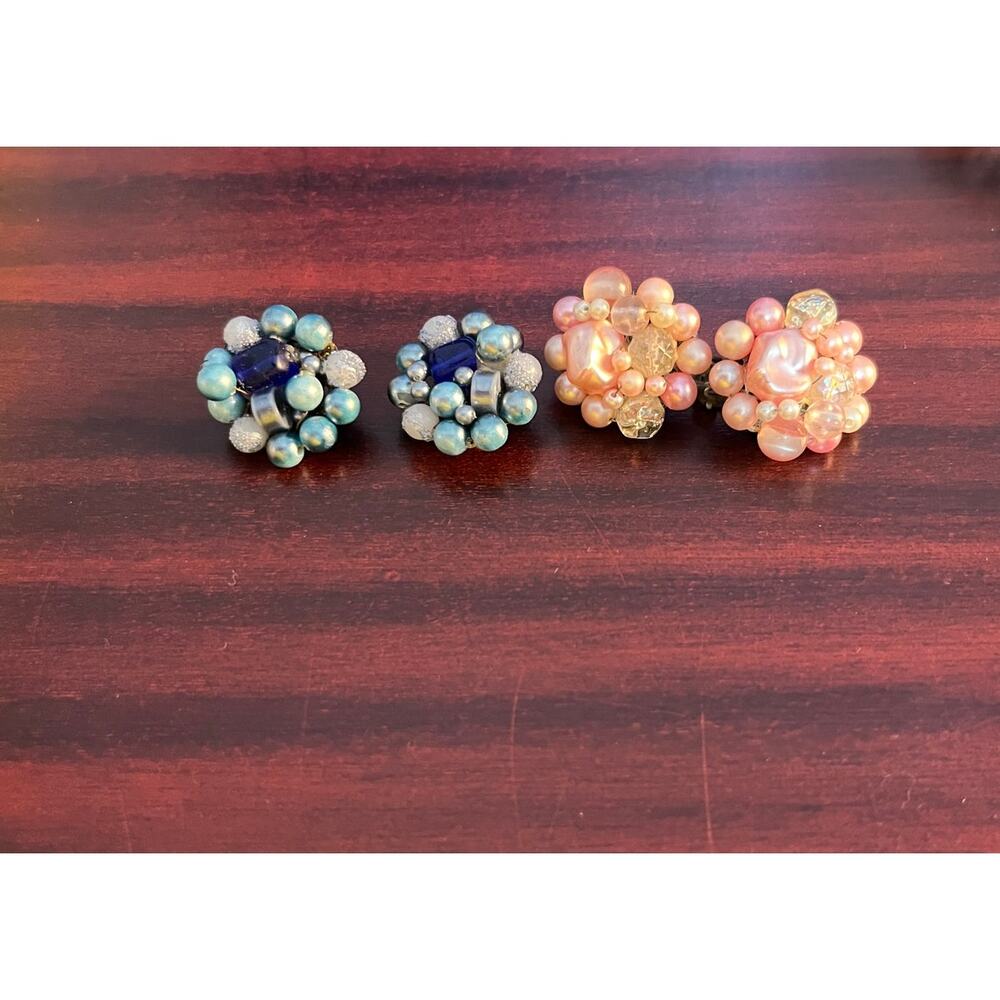 VTG Pink & Blue Beaded Rhinestone Clip On Earrings Made in Japan Coquette